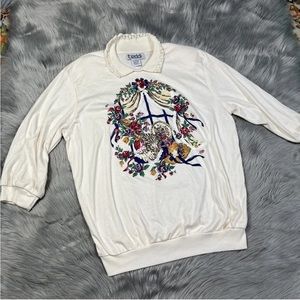 Vintage Teddi 80s Shoulder Pad Collared Floral Cat Top